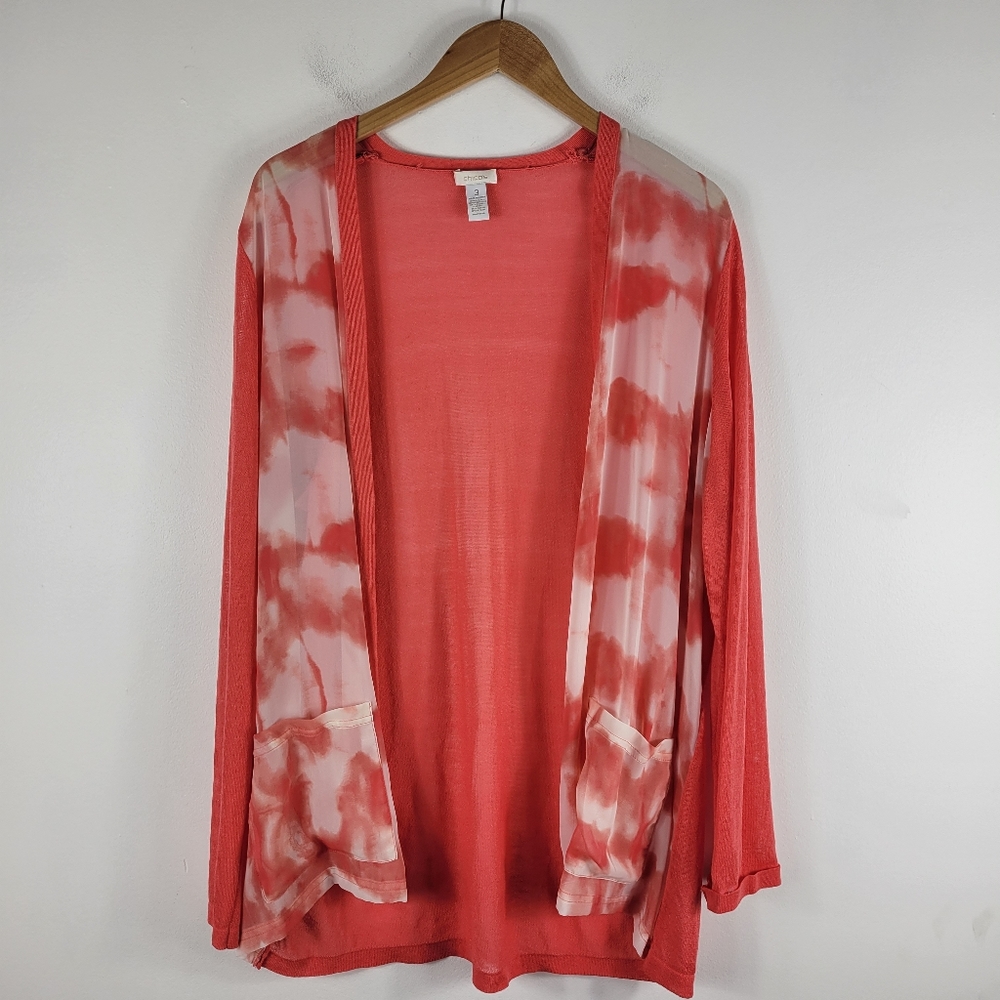 Chicos Sheer Tie Dye Marble Long Sleeve Open Front Light Weight Cardigan Coverup